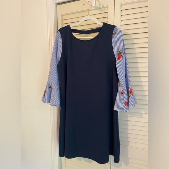 AGB Navy Bell Sleeve Midi Dress With Floral Striped Sleeves Size L - Picture 1 of 9